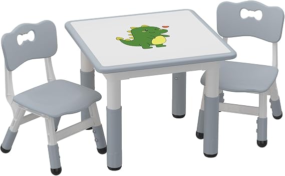 Kids Table and 2 Chairs Set, Height Adjustable Toddler Table and Chairs Set | Graffiti Desktop, Non-Slip Legs, Children Activity Table for for Ages 2-10 Daycare Classroom Home Preschool, Grey