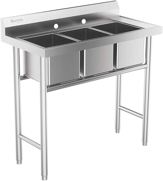 Bonnlo 3-Compartment NSF 304 Stainless Steel Utility Sink Commercial Grade Laundry Tub Culinary Sink for Outdoor Indoor, Garage, Restaurant, Kitchen, Laundry/Utility Room - 39 W x 18 D x 40.2 H