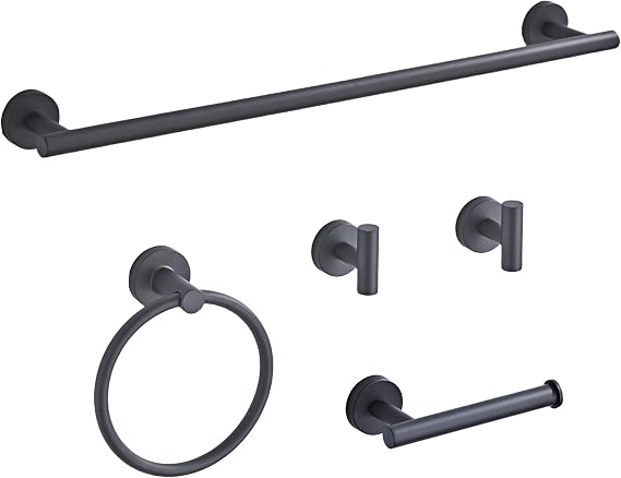 Matte Black Bathroom Hardware Set 5 Piece with Towel Racks for Bathroom, SUS304 Stainless Steel Bath Towel Bar Set, 24 Inch Wall Mounted Accessories Kit...