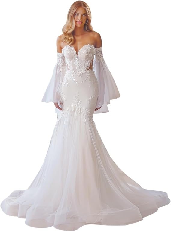 Zeeyecie Off Shoulder Tulle Wedding Dresses Mermaid Lace Applique Sparkly Long Sleeve Bridal Gowns with Train for Brides