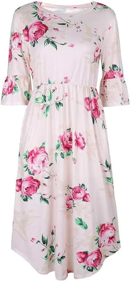 Women's 3/4 Bell Sleeve Roud Neck Midi Floral Print Dress with Side Pockets
