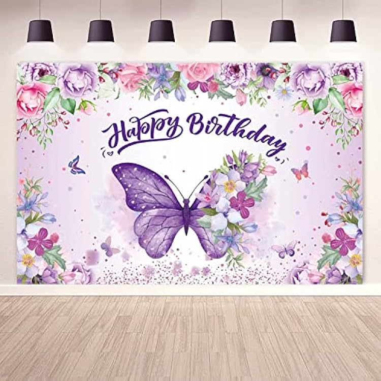 Butterfly Happy Birthday Backdrop, Purple Decorations Banner for Girl Women Floral Backdrop Baby Shower Fairy Decorations, Spring Party Supplies