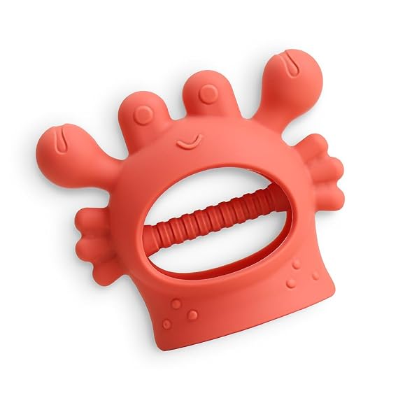Itzy Ritzy Bitzy Grip Teether, Silicone Hand Teether with Easy Grip (Crab) | Easy-to-Hold Silicone Grip with Textured Surfaces Helps Soothe Sore Gums & Supports Sensory Exploration for Ages 3 Months+
