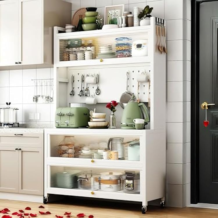 Kitchen Storage Cabinet, Bakers Rack Countertop, Microwave Oven Shelf Cabinet, Coffee Bar Station Organizer with Flip Doors for Kitchen Hutch, Home, Office, Pantry, Garage White, 60cm