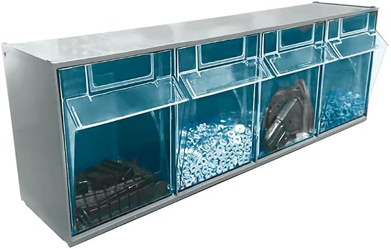 Storage Cabinet with 4 Tilt Out Bins, Horizontal Organizer System for Home, Office, Garage, 23.6" W x 6.9" D x 8.1" H, Gray