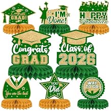 8 Pieces Class of 2026 Graduation Table Decorations - 2026 Congrats Grad Honeycomb Centerpieces, Green and Gold Table Toppers Decor for 2026 Graduation Party Decorations Favor Supplies