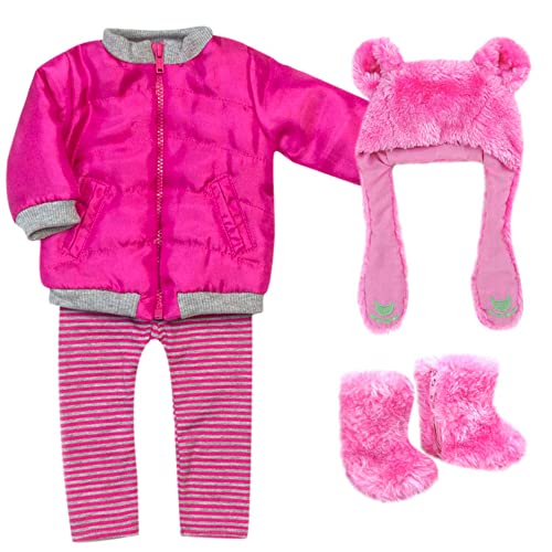 Sophias 18 Doll 4 pc. Winter Outfit with Hot Pink Nylon Zipped Jacket, Bear Faux Fur Hat and Boots, and Hot Pink and Gray Striped Leggings