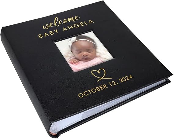 Personalized Photo Album, Custom Engraved Picture Album, Holds 200 4" x 6" Photos, Leatherette and Laser Engraved Scrapbook, Welcome Baby, Black
