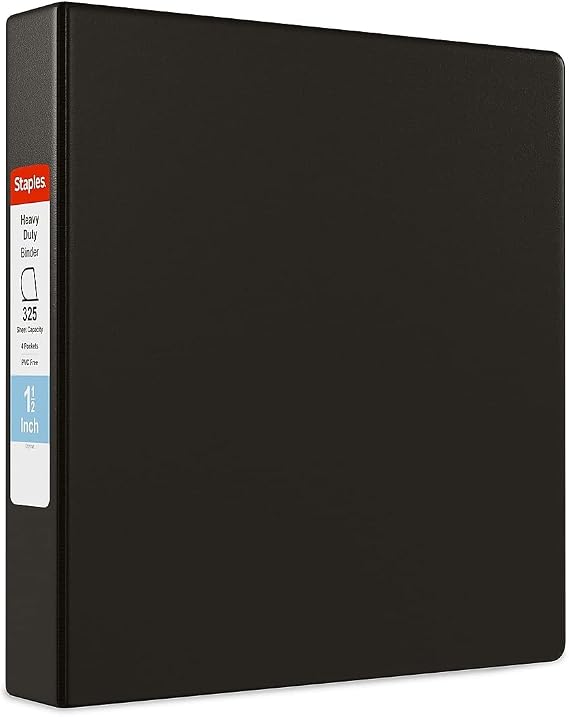 Staples Heavy-Duty 1.5-Inch 3-Ring Non-View Binder, Black, 350 Sht | Reinforced spine for durable everyday use in office and school settings.