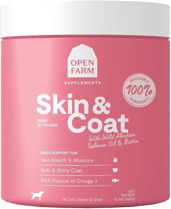 Open Farm Skin & Coat Chews, Dog Supplement, 12.7 oz, 90 Count | Help support and promote a soft & shiny coat through 100% traceable and functional ingredients.