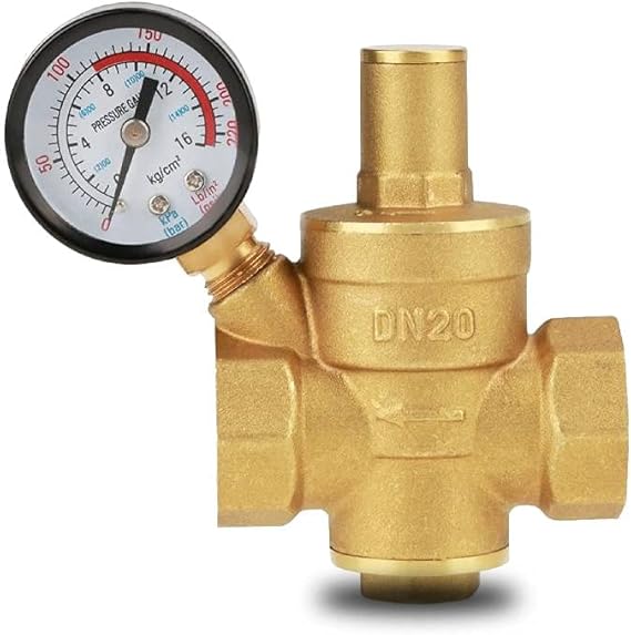 Brass Water Pressure Reducing Valve, Adjustable Pressure Regulator, Brass Pressure Regulator, DN20 G3/4 inch with Meter, 1/2 Inch Thread for Home, Garden, and Plumbing Systems