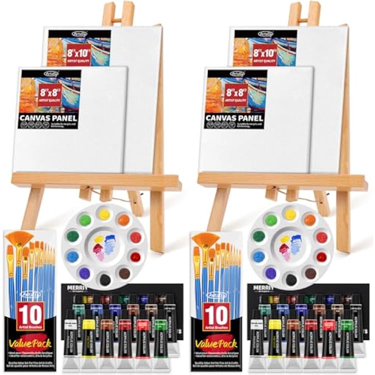 Set of 2 Acrylic Painting Kits for Adults and Couples, Sip and Paint Kit for Date Night, Acrylic Painting Kit with Canvas Boards and Easels, Professional Art Set for Couples, Families, Beginners