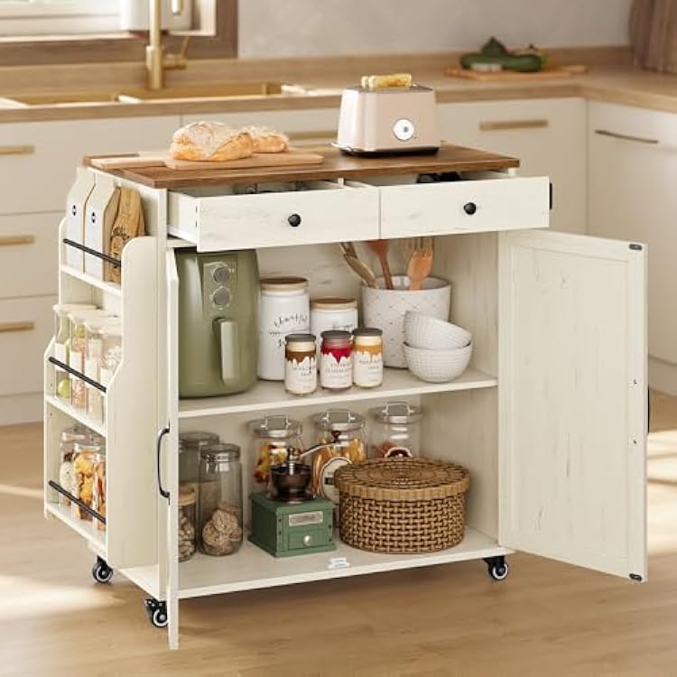 VASAGLE Mobile Kitchen Island, Portable Island with Spice Rack, Mobile Cart with Storage Cabinet, 17.7 x 36.5 x 36 Inches, for Dining Room, Rustic White and Honey Brown UKKI008W01