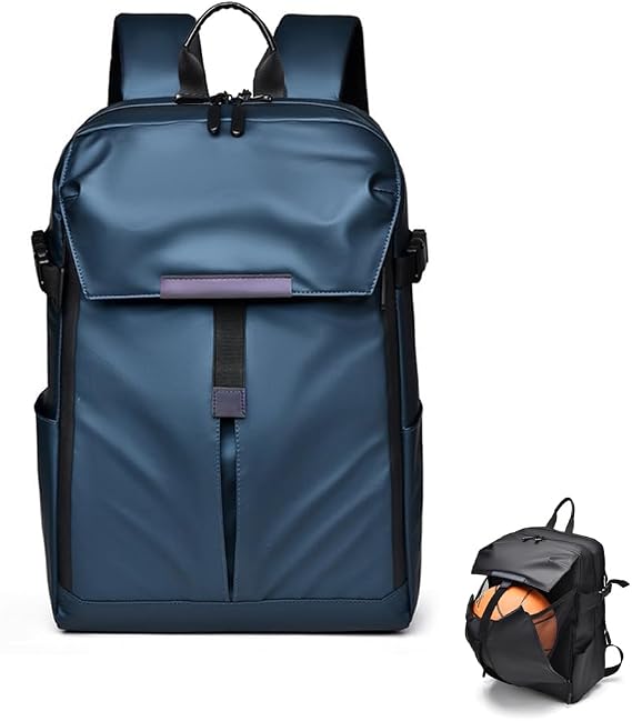 Unisex Business Laptop Backpack 17.3" With Helmet Holder High Capcity Travel Sports Backpack Waterproof Rucksack with Basketball Compartment for Men Women Teenager (Blue)