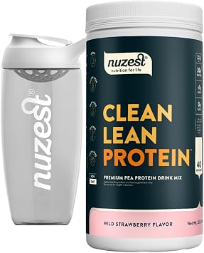Nuzest Vegan Pea Protein Powder - Clean Lean Protein 40 Servings 20g Protein, Strawberry Protein Shake Mix + Sports Shaker Bottle 24oz