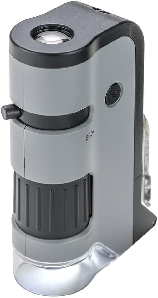 Carson MicroFlip 100x-250x, LED UV Pocket Microscope with Smartphone Clip, STEM Education (MP-250)