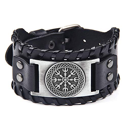 TURTLEDOVE Viking Helm of Awe Bracelet - Leather Bracelet with Aegishjalmr Medallion - Celtic Pagan Jewelry of Talisman