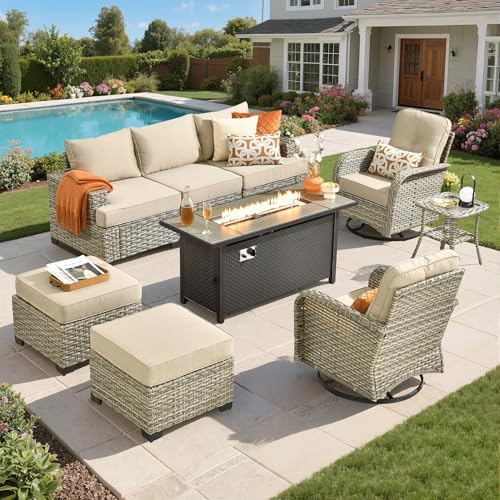 Wicker Patio Furniture Set with Fire Pit Table,9 Pieces Outdoor Sectional with Swivel Chairs Ottoman,Out Door Furniture Conversation Set,Beige