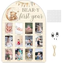 12 Monthly Picture Frame,One Year Birthday Wooden Photo Board, My First Year Milestone Photo Board Baby First year Wood Sign (Goodnight Bear)