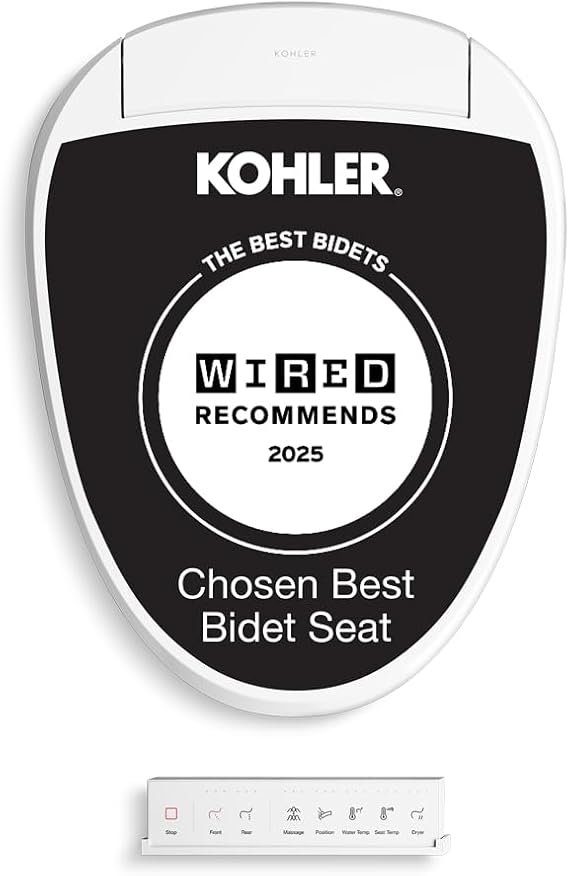 Kohler PureWash E820 Elongated Heated Bidet Toilet Seat, White with Remote Control, Quiet-Close Lid, Automatic Deodorization, Warm Water, Self-Cleaning Wand, Adjustable Water Pressure and Nightlight