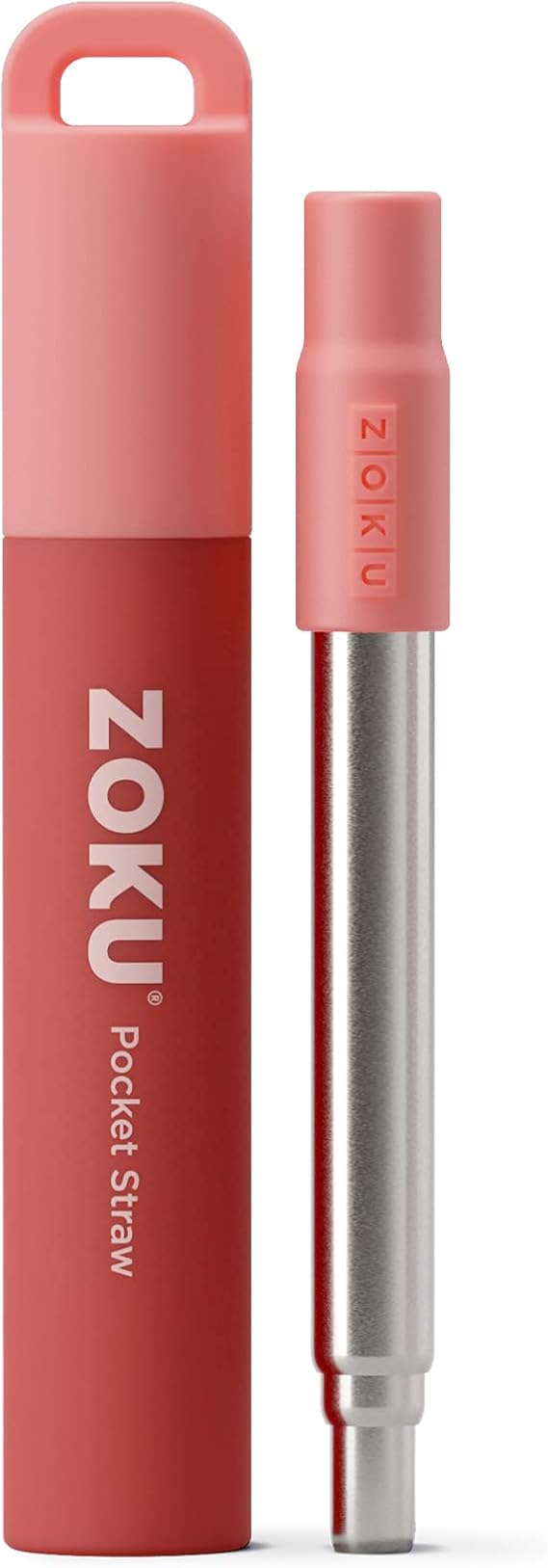 Zoku Reusable Metal Straw with Case, Collapsible Travel Straw - Red | Collapsible Stainless Steel Drinking Straw with Silicone Tip and Cleaner Brush, Ideal for Key Chains, Pockets, Purses