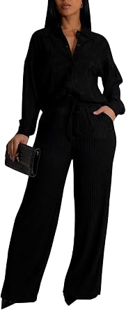 TodTan Two Piece Sets for Women Long Sleeve Button Down Shirt Wide Leg Pants Casual Vacation Outfits Loungewear Tracksuit