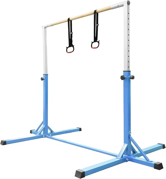 Kids Gymnastics Bar Horizontal Bar with Gymnastic Rings 13 Height Adjustable,Junior Training Kip Bar Gymnastics Equipment for Home Gym, Indoor Outdoor Use