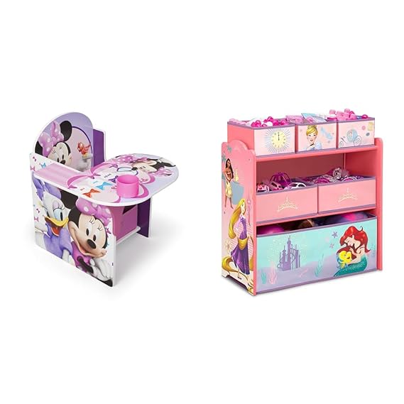 Delta Children Chair Desk with Storage Bin, Disney Minnie Mouse & Design & Store 6 Bin Toy Storage Organizer, Disney Princess