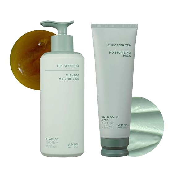 AMOS PROFESSIONAL Moisturizing Duo for Thinning Hair l The Green Tea Shampoo Moisturizing & The Green Tea Pack for Dry Scalp l Korean Shampoo and Mask set