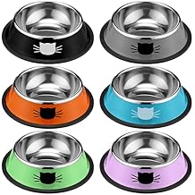 Amylove 6 Pcs Cat Bowls for Food and Water Cat Dishes Stainless Steel Pet Food Bowls 7 oz Anti Slip Metal Pet Dish with Removable Rubber Base Thick for Feeding Indoor Kitten Small Dog(Classic Color)