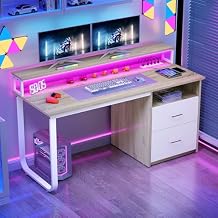 DWVO Computer Desk with Drawers, 47.2" Office Desk with Power Outlets & LED Light, Home Office Desk with Storage Shelves, White & Oak