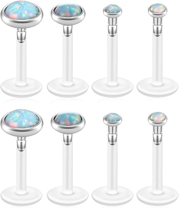 PiercingJ 8-10pcs 16G Stainless Steel + UV Flexible Acrylic Opal Crystal Tragus Retainer Flexible Acrylic Lip Ring Labret Monroe Studs Tragus Helix Cartilage Barbell Earring
