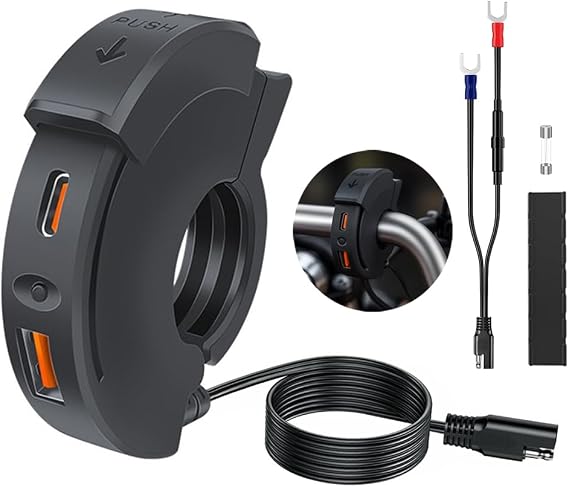 Motorcycle USB Charger, 30W PD + 18W QC3.0, Ultra-Thin Waterproof Dual Port Type-C& USB-A Fast Charger, SAE to USB Adapter for Phone/Tablet/GPS, Compatible with 12V-24V Motorcycles, ATVs, Boats