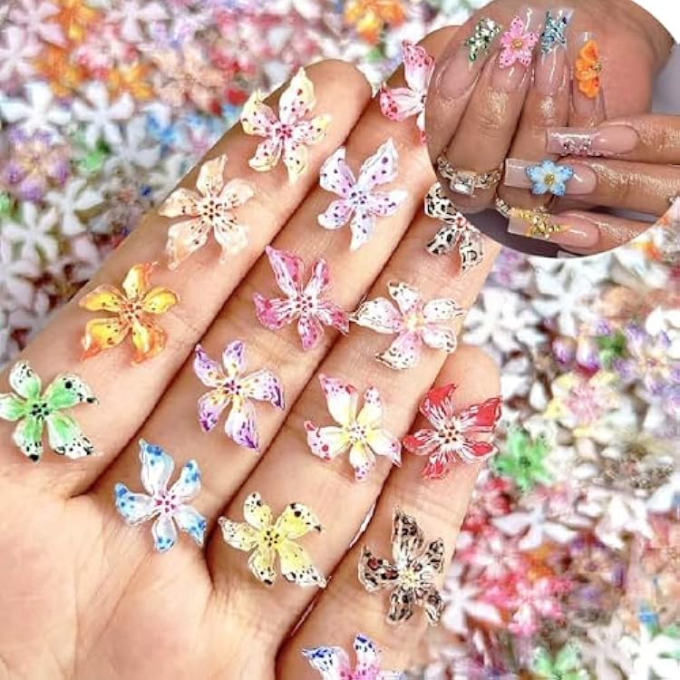 100 PCS Flower Nail Art Charms 3D Hawaii Flower Nail Charms and Gems Hibiscus Colorful Spring Summer Floral Charm Rhinestones Jewelry Accessories for Women DIY Manicure Decorations Supplies