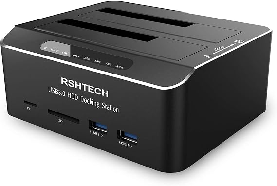 RSHTECH Hard Drive Docking Station, Aluminum Dual Bay SATA Dock, RSH-DS02 | Hard Drive Reader for 2.5" & 3.5" SATA HDD SSD, with 2 USB 3.0 Ports, SD/TF Slots, Support Offline Clone and Auto-Sleep Mode