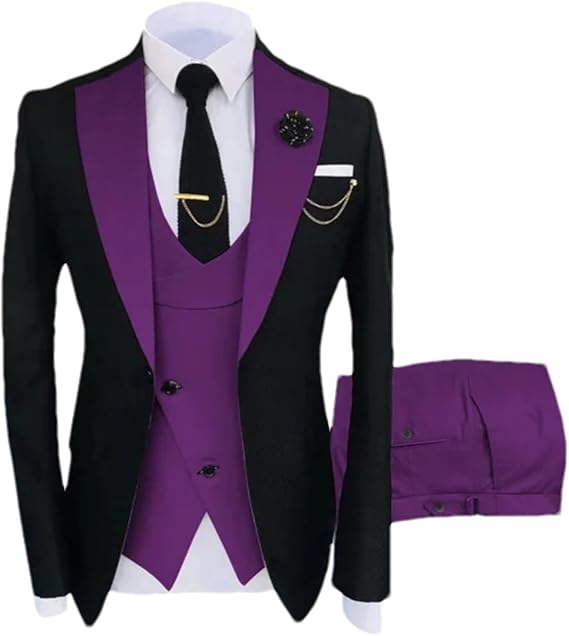 Men Suits 3 Pieces Best Man Groom Wedding Tuxedo Slim Fit Jacquard Two-Color Blazer Jacket Vest Pants