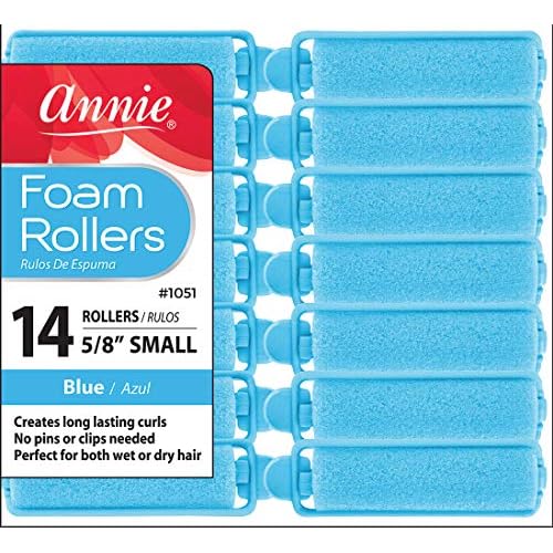 Annie Foam Hair Rollers Small 58 Inch, 14 Count Blue Soft Sponge Curlers for Heatless Tight Defined Curls, No Pins or Clips Needed, For Wet or Dry Hair, Comfortable Overnight Set