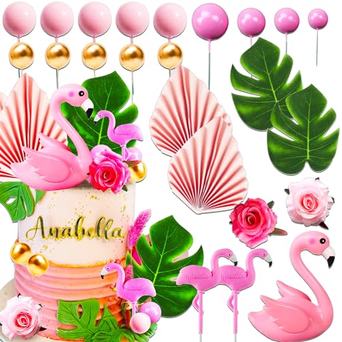JeVenis Flamingo Cake Decoration Palm Leaves Cake Topper Gold Pink Balls Cake Decoration Rose Cake Topper Flamingo Tropical Party Supplies