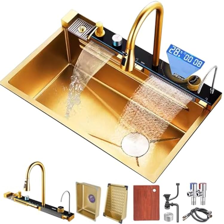 Kitchen sink double waterfall sink with LED display with cup washer, soap dispenser, waterfall mixer, worktop controller, etc. workstation kitchen sink Gold, 35.4  19.7  8.7 IN