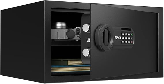 RPNB Small Hotel Safe Box,Personal Home Safe,Digital Money Safes,1.0 CuFt | Cash Safe with Keys,Electronic Code Lock,Steel Alloy Safe for Documents,Home,Office,Business,Jewelry