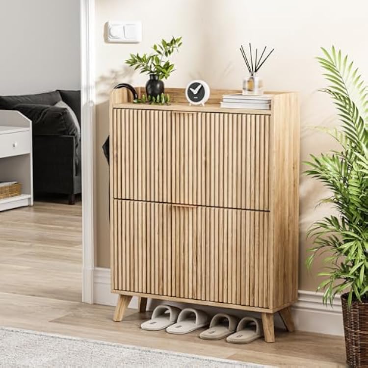 Fluted Shoe Cabinet with 2 Flip Drawers, Mid Century Modern Shoe Storage Cabinet for Entryway, Hidden Shoes Rack Cabinets Free Standing Shoes Organizer for HallwayClassic Oak