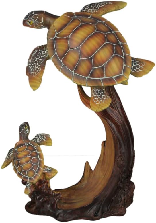 Everspring Sea Turtle Family Sculpture, 9 Inch Brown Resin Coastal Figurine | Hand Painted Lifelike Detail, Sized for Desk, Shelf, Bookcase, Side Table or Nightstand Display