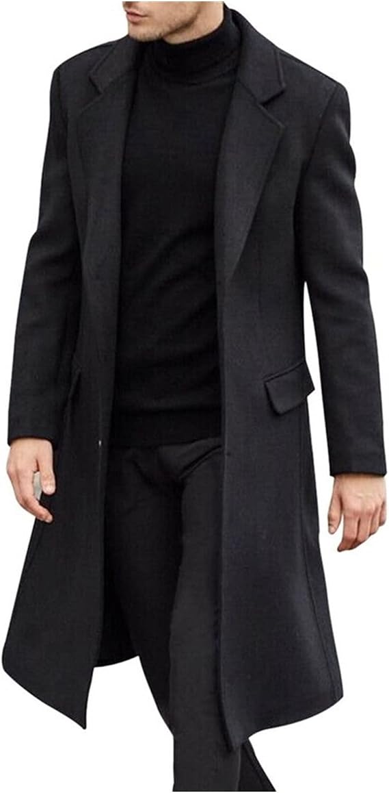 Winter Men Coat Solid Long Sleeve Jacket Fleece Men's Overcoat Street Long Tunnel Outwear 5XL Warm Color : Black, Size : X-Large