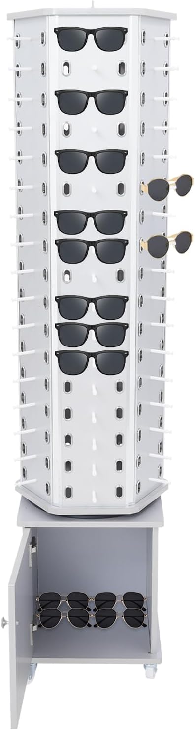 102 Pairs Glasses Rack, Floor-Standing Sunglasses Display Rack, 360 Rotating Eyewear Holder, Eyeglasses Storage Organizer, Sunglasses Display Stand with Cabinet & Wheels, Silver