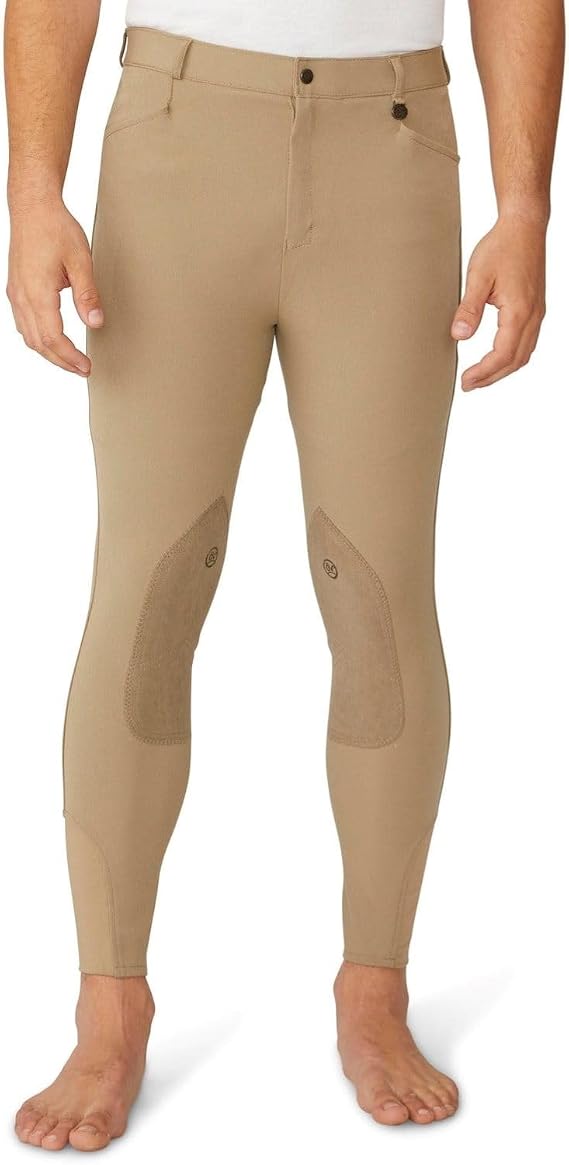 Ovation Men's EuroWeave Front Zip 4-Pocket Knee Patch Woven Breeches, Light Tan, 34 Regular