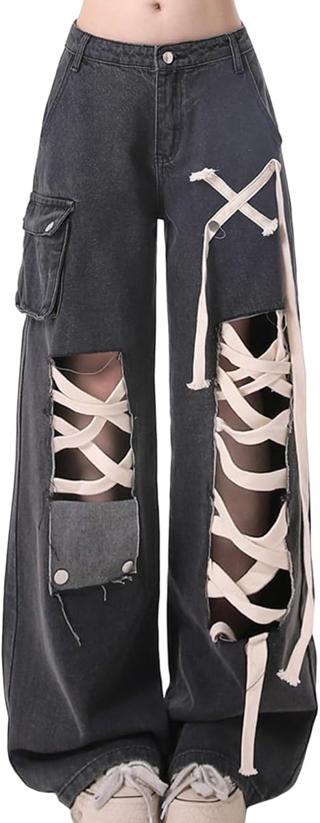 Y2K Gothic High Waisted Straight Leg Baggy Denim Pants Fashion Vintage Drawstring Ripped Jeans for Women