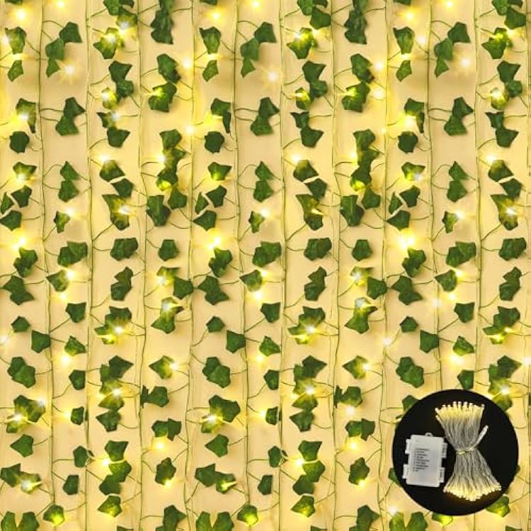 CEWOR 14 Pack 98 Feet Fake Ivy with Lights, Artificial Garland with 100 LED String Lights Greenery Hanging Plant Vine for Bedroom Wall Decor Wedding Party Room Aesthetic Stuff
