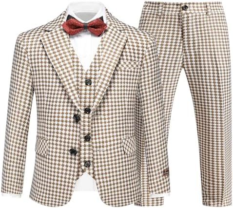 Lamgool Boys Suits 3 Piece Slim Fit Houndstooth Tuxedo Blazer Jacket Pant for Kids Prom Wedding Formal Dress Suit Set 4-16Y