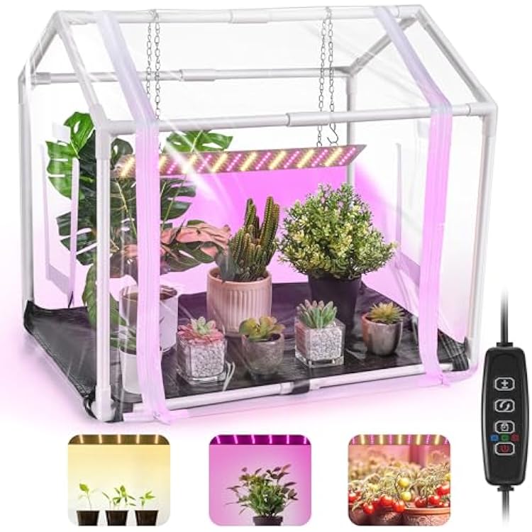 Meonum Mini Greenhouse with Grow Light, 23.6 L x 15.7 W x 19.6 H Portable Greenhouse with Waterproof Bottom Mat, Timer, 3 Light Color Mode for Indoor Outdoor Seed Starter Tray Mini House Shape