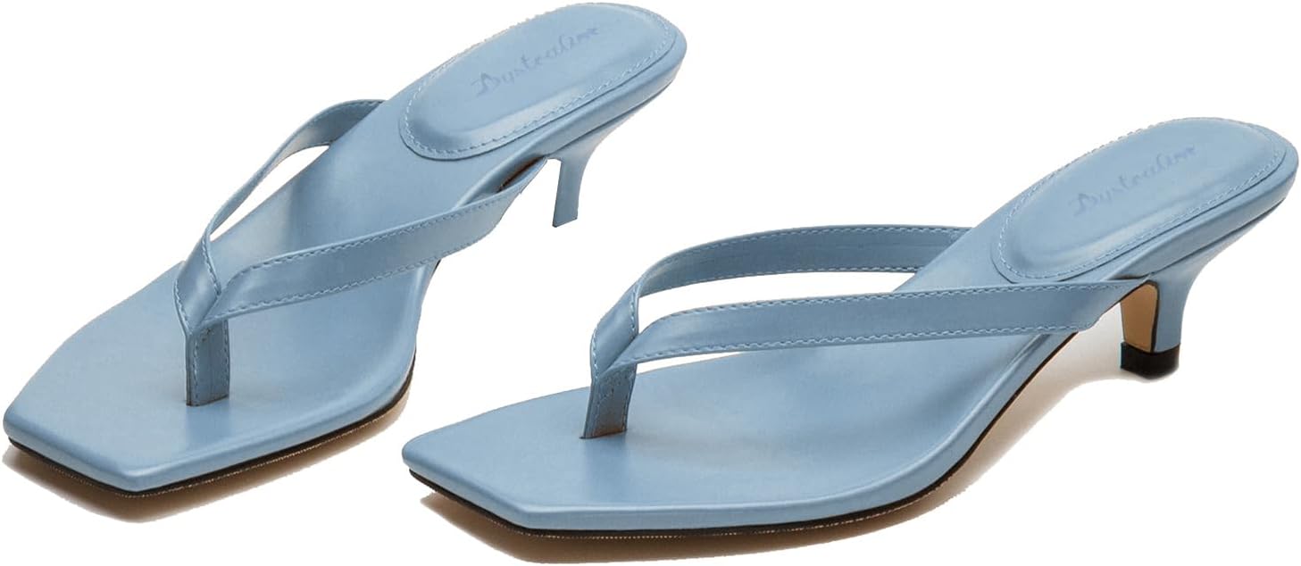 Women Flip-Flops Mules Kitten Heels Square Toe Thong Sandals Matte Comfy 1 inch Low Heel Slippers T-Straps Open Toe Outdoor Beach Summer Slip On Sandal Heels Basic Chic 4-11 M US